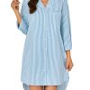 Women's Cotton Striped Nightgown Collar V Neck Long Sleeve Sleep Shirts Nightdress Button Down Nightwear