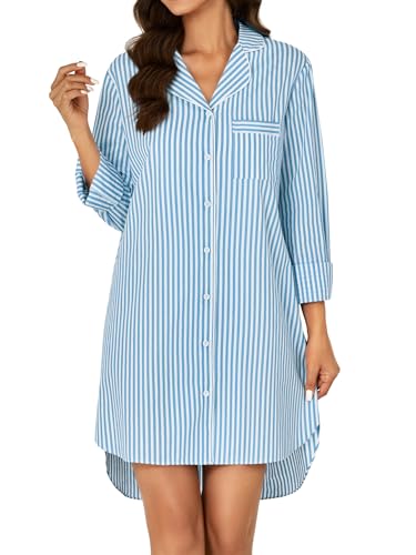 Women's Cotton Striped Nightgown Collar V Neck Long Sleeve Sleep Shirts Nightdress Button Down Nightwear