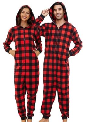 Couple Onesie Pajama Sets, Hooded Zipper Christmas Matching Plaid Pjs Set for Men and Women Soft Warm Jumpsuit