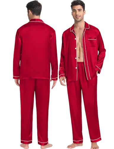 Couples Satin Pajamas Set Women & Men 2PCS Pjs Long Sleeve & Pants Sleepwear Button-Down Loungewear with Pockets