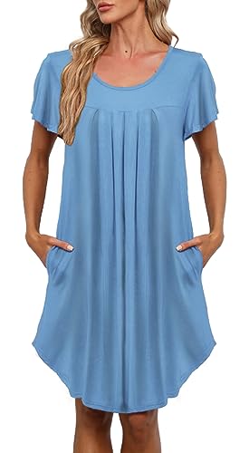 Women's Pleated Front Loose Fit Short Sleeve Nightgowns Sleep Dress with Hand Pockets (S - 5XL)