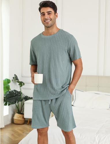 Matching Pajamas for Couples Ribbed Knit Pajama Short Sleeve Soft Sleepwear 2 Piece Loungewear S-XXL