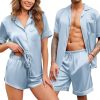 Silk Satin Matching Pajamas Sets Couple Button Down Nightwear Women & Men Short Sleeve Sleepwear 2 Pieces Loungewear
