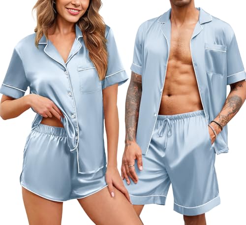 Silk Satin Matching Pajamas Sets Couple Button Down Nightwear Women & Men Short Sleeve Sleepwear 2 Pieces Loungewear