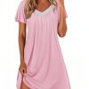Womens Nightgown Lace Trim V Neck Sleep Shirt Flare Short Sleeve Night Gown Pleated Nightshirt Ladies Nightdress