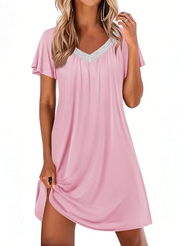 Womens Nightgown Lace Trim V Neck Sleep Shirt Flare Short Sleeve Night Gown Pleated Nightshirt Ladies Nightdress