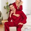 Couples Pajamas Womens &Mens Matching Pajamas Set Silk Satin Pj Set Long Sleeve Button Down Sleepwear 2 Pcs Loungewear