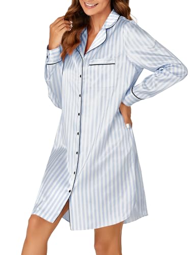 Women's Silk Satin Striped Nightgown Button Down Collar V Neck Long Sleeve Nightshirt Nightdress