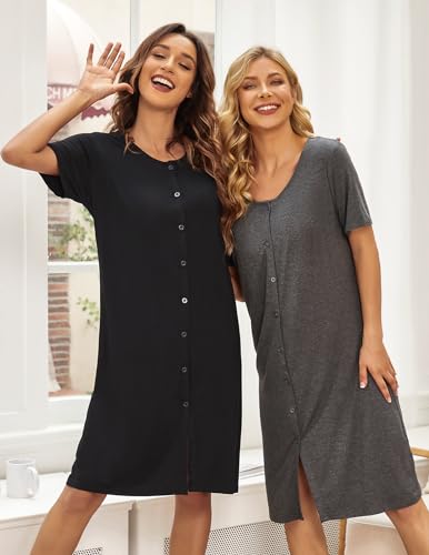 2 Pack Nightgowns for Women Button Down Night Shirts Short Sleeve Sleep Shirts V Neck Sleepwear Pajama Dress