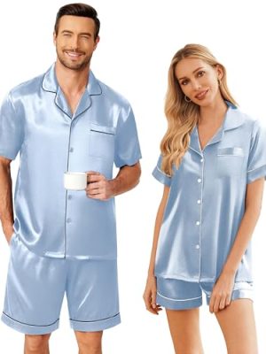 Couple Matching Pajamas Sets Silk Short Sleeve Button Down Sleepwear Satin Pjs Shorts Set Soft Lounge Set S-XXL