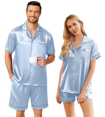 Couple Matching Pajamas Sets Silk Short Sleeve Button Down Sleepwear Satin Pjs Shorts Set Soft Lounge Set S-XXL