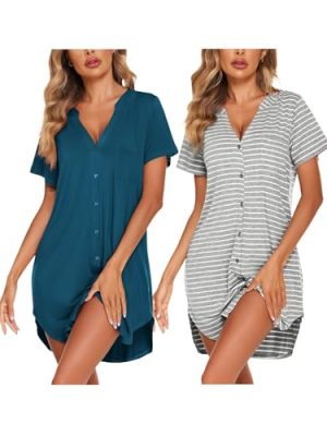 2 Pack Nightgowns for Women Button Down Sleep Shirts V Neck Night Shirts Night Gowns