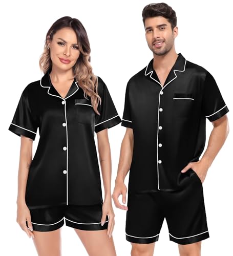 Satin Matching Pajamas Sets Couple Silk Button Down Nightwear Women & Men Short Sleeve Sleepwear 2 Pieces Loungewear Black