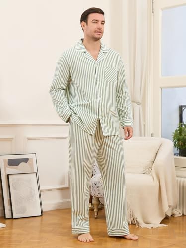 Couple Pajama Sets, Soft Cotton Button-Down Striped Pajamas for Men and Women Long Sleeve Sleepwear with Pockets