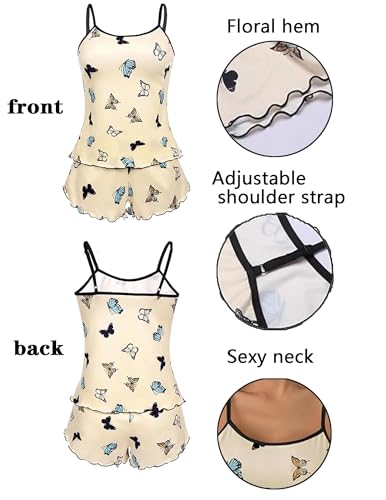 2 Pack Womens Cami Pajama Sets Cute Print Tank Top Pjs and Shorts Camisole Lounge Set