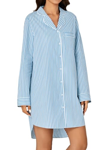 Women's Cotton Striped Nightgown Collar V Neck Long Sleeve Sleep Shirts Nightdress Button Down Nightwear