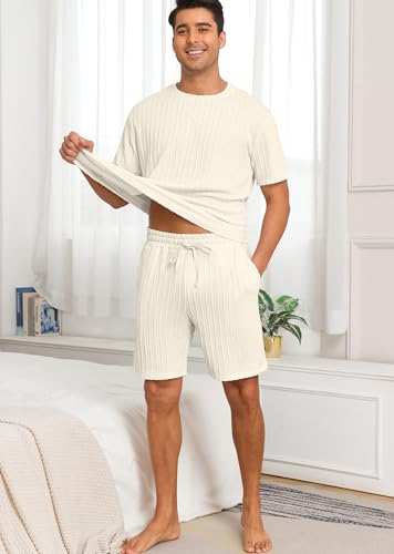 Mens Pajamas Set Summer Pjs Sets Lightweight Short Sleeve Pajama Shorts Set Soft Sleepwear Loungewear with Pockets