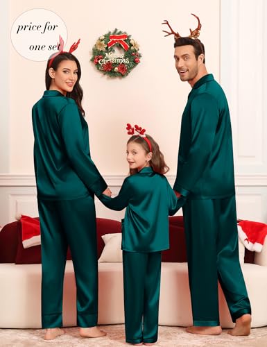 Matching Family Pajamas Set Women & Men & Kids Silk Satin Pjs 2 Pcs Long Sleeve Button Down Sleepwear with 2 Pockets