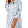 Women's Silk Satin Striped Nightgown Button Down Collar V Neck Long Sleeve Nightshirt Nightdress