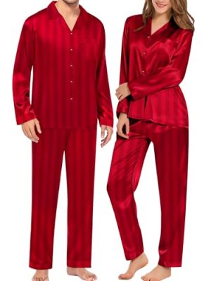 Couples Pajamas Womens &Mens Matching Pajamas Set Silk Satin Pj Set Long Sleeve Button Down Sleepwear 2 Pcs Loungewear