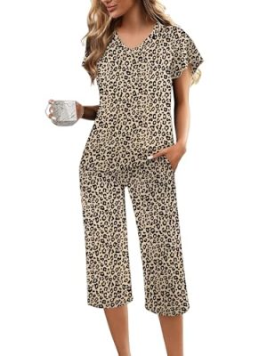 Womens Pajama Sets Ruffle Short Sleeve Sleepwear Top and Capri Pants Pjs Set Comfy 2 Piece Lounge Set S-XXL