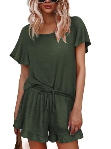 Womens Pajama Sets Shorts Ruffle Pajamas Set Soft Summer Pj Set 2 Piece Loungewear Short Sets