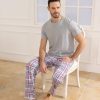 Mens Pajamas Set Cotton Short Sleeve and Plaid Long Pants 2 Piece Loungewear Sleepwear with Pocket