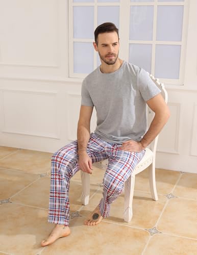 Mens Pajamas Set Cotton Short Sleeve and Plaid Long Pants 2 Piece Loungewear Sleepwear with Pocket