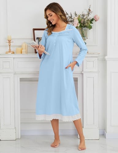 Nightgowns for Women Soft 100% Cotton House Dress Embroidery Long Sleeve Night Gowns Comfy Long Sleepwear