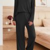 2 Pack：Womens Ribbed Knit Pajama Set with Pockets Long Sleeve PJs V Neck Soft Loungewear Loose Matching Outfits Set