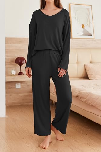 2 Pack：Womens Ribbed Knit Pajama Set with Pockets Long Sleeve PJs V Neck Soft Loungewear Loose Matching Outfits Set