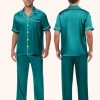 Mens Silk Pajama Set Satin Pjs Short Sleeve Button Down Sleepwear Classic Loungewear Set With Pants S-3XL