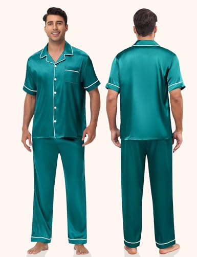 Mens Silk Pajama Set Satin Pjs Short Sleeve Button Down Sleepwear Classic Loungewear Set With Pants S-3XL