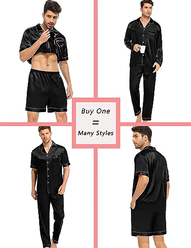 Mens Satin Silk Pajamas Set 3pcs Short Sleeve Sleepwear Silky Button Down Pjs Sets Classic Loungewear Nightwear