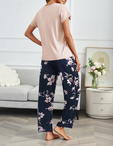 2 Pack Pajamas for Women Set Short Sleeve Sleepwear Top and Pants Pjs Soft Printed Lounge Sets with Pockets