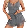 Women Pajama Set Lace Trim Short PJ Set Modal V Neck Sleeveless Sleepwear Drawstring Waist Nightwear S-XXL