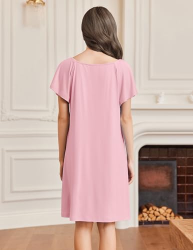 Womens Nightgown Lace Trim V Neck Sleep Shirt Flare Short Sleeve Night Gown Pleated Nightshirt Ladies Nightdress