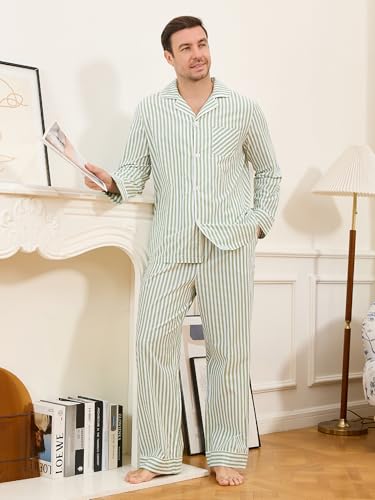Couple Pajama Sets, Soft Cotton Button-Down Striped Pajamas for Men and Women Long Sleeve Sleepwear with Pockets