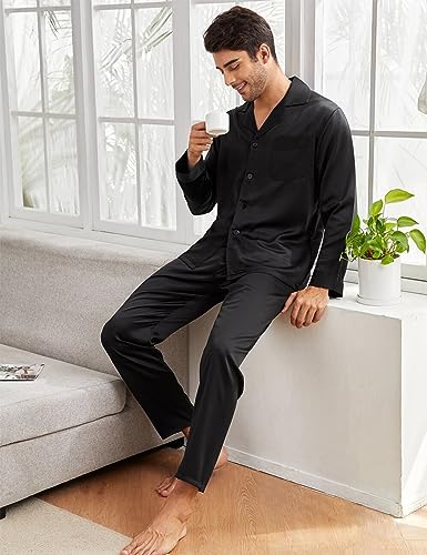 Couples Pajamas Womens &Mens Matching Pajamas Set Silk Satin Pj Set Long Sleeve Button Down Sleepwear 2 Pcs Loungewear