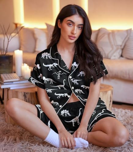 Women’s Silk Satin Pajama Set, Short Sleeve Button Down 2 Piece PJs with Shorts, Cozy Loungewear & Matching Holiday Pajamas