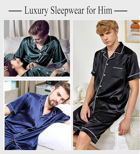 Satin Matching Pajamas Sets Couple Silk Button Down Nightwear Women & Men Short Sleeve Sleepwear 2 Pieces Loungewear Black
