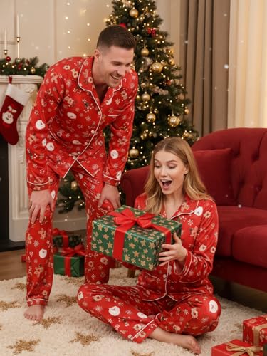Christmas Matching Pajamas for Couples Long Sleeve Sleepwear Women Mens Button Down Loungewear Pjs Set for Party