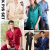 Mens Silk Pajama Set Satin Pjs Short Sleeve Button Down Sleepwear Classic Loungewear Set With Pants S-3XL