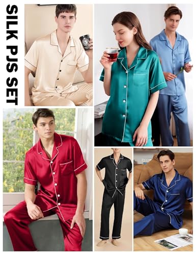 Mens Silk Pajama Set Satin Pjs Short Sleeve Button Down Sleepwear Classic Loungewear Set With Pants S-3XL
