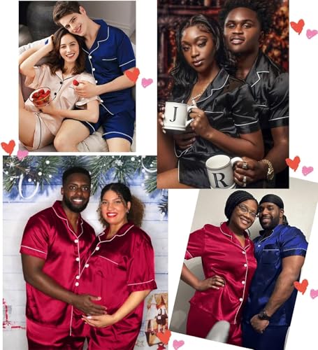 Satin Matching Pajamas Sets Couple Silk Button Down Nightwear Women & Men Short Sleeve Sleepwear 2 Pieces Loungewear Black