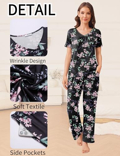 Pajama Sets for Women 2 Pack, Short Sleeve with Long Pant Pjs Sleepwear Comfy Lounge Sets with Pockets