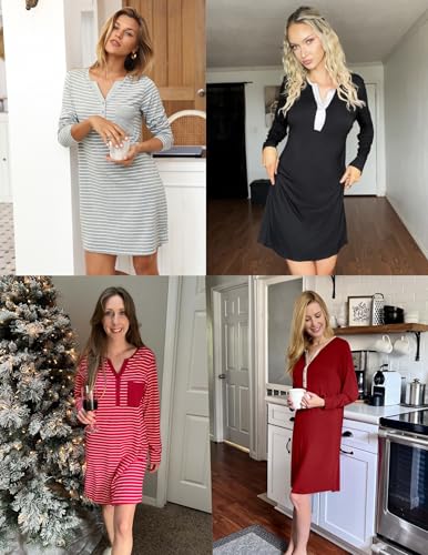 Women's Nightshirt Long Sleeve Button Down Nightgown V-Neck Sleepwear Casual Pajama Dress