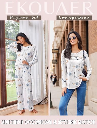 Womens Pajama Sets Pleated Tops with Long Pants Lounge Set Long Sleeve Fall Sleepwear Ladies Pjs S-XXL