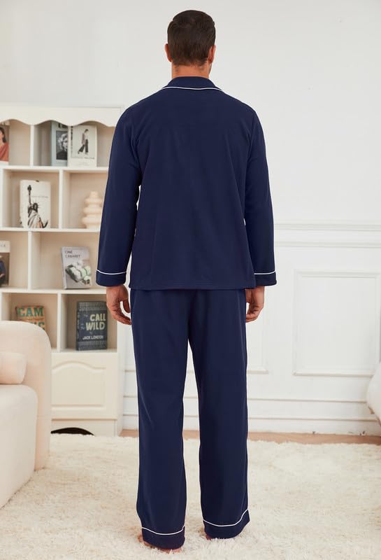 Mens Button Down Pajamas Set Soft Classic Lapel Sleepwear Long Sleeve Flannel Top & Pants Set