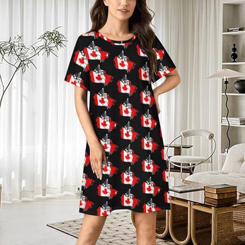 Canadian Flag Map Nightgowns for Women Sleepwear Short Sleeve Sleep Dress Nightshirt